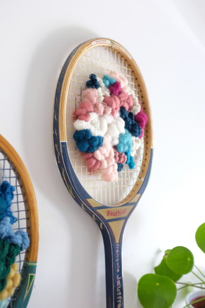 Raquette tissée vintage - Bleu canard & rose