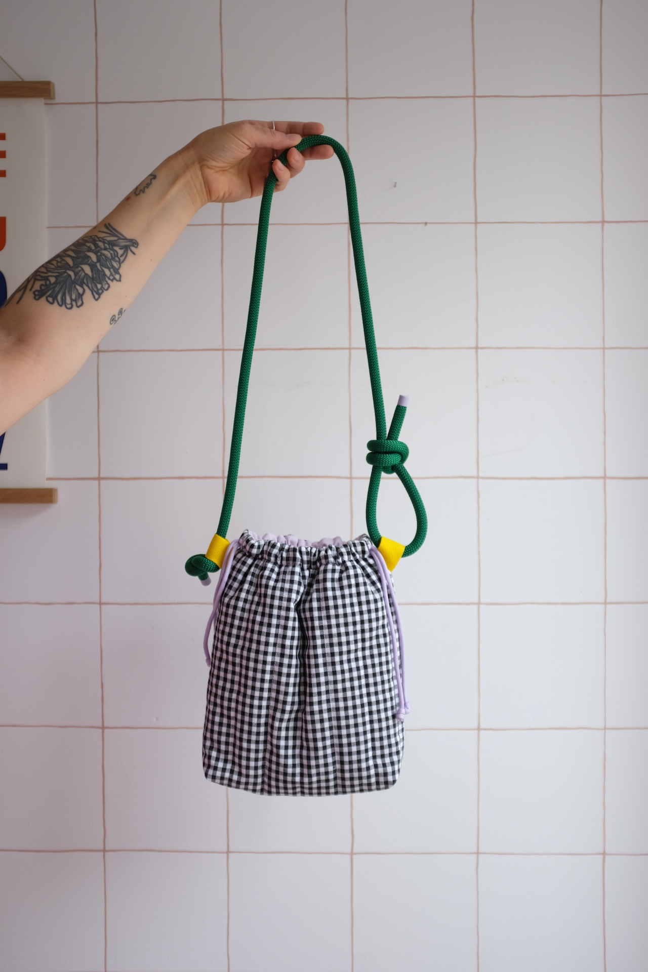 GROSAC - Sac Vichy Noir et Blanc, cordons vert
